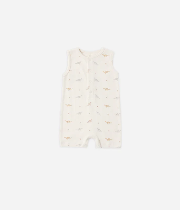 QUINCY Mae/RIBBED HENLEY ROMPER /DINOS /NATURAL /ロンパース【6-12M】