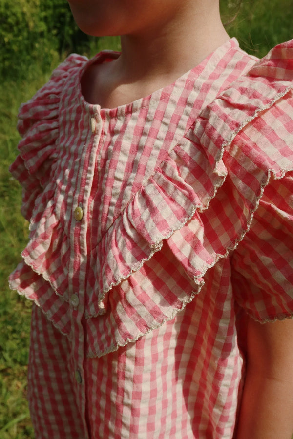 Konges Slojd/KIM FRILL SS SHIRT / FLAMINGO PLUME CHECK ブラウス【18ヶ月～4歳】