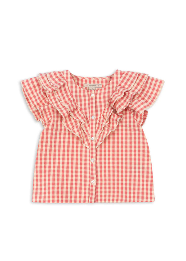 Konges Slojd/KIM FRILL SS SHIRT / FLAMINGO PLUME CHECK ブラウス【18ヶ月～4歳】